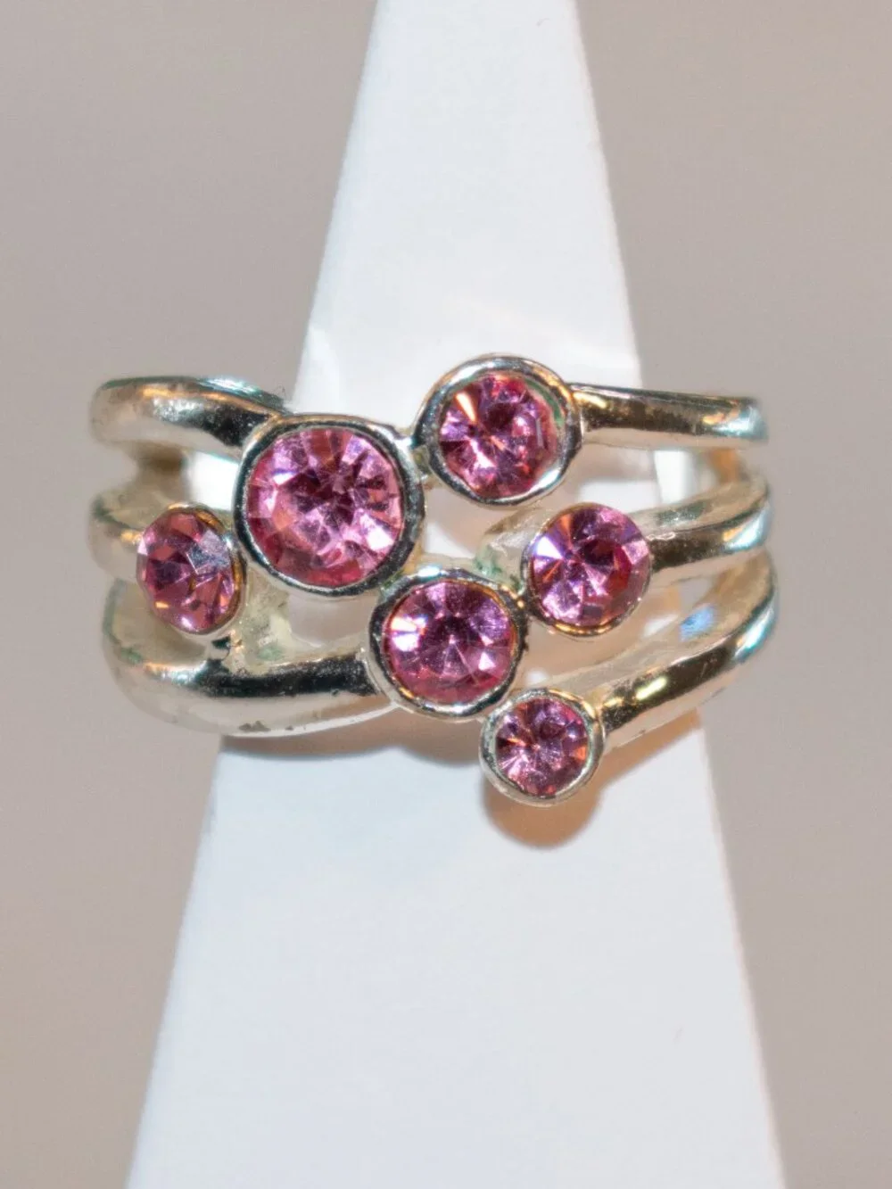 Silver Tone Cluster Ring with Pink Stones US 7